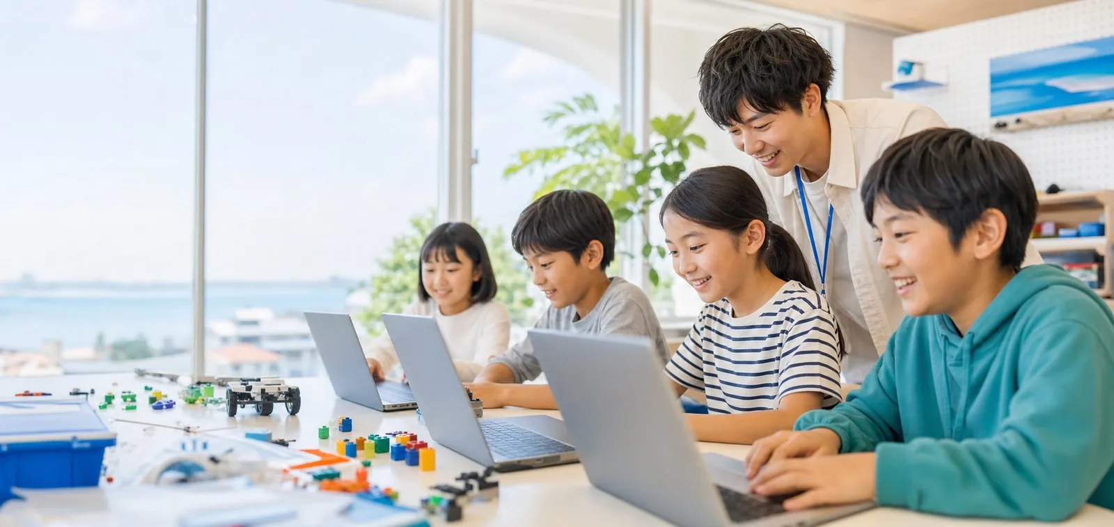 ノートパソコンで作品づくりに取り組む子どもたちと講師